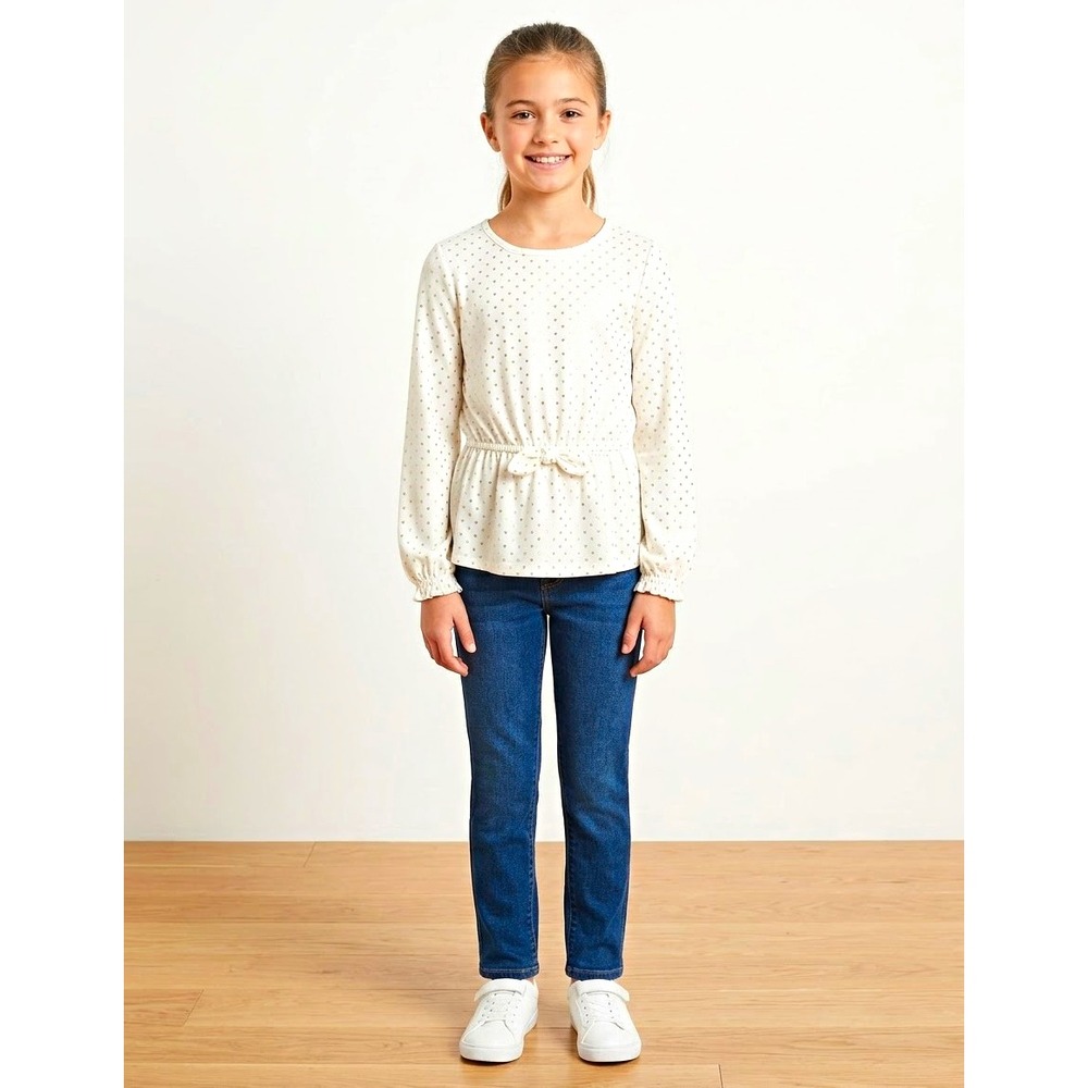 Heart and Arrow Girls Ivory/Gold Heart Print Long Sleeve Peplum Top 10-12